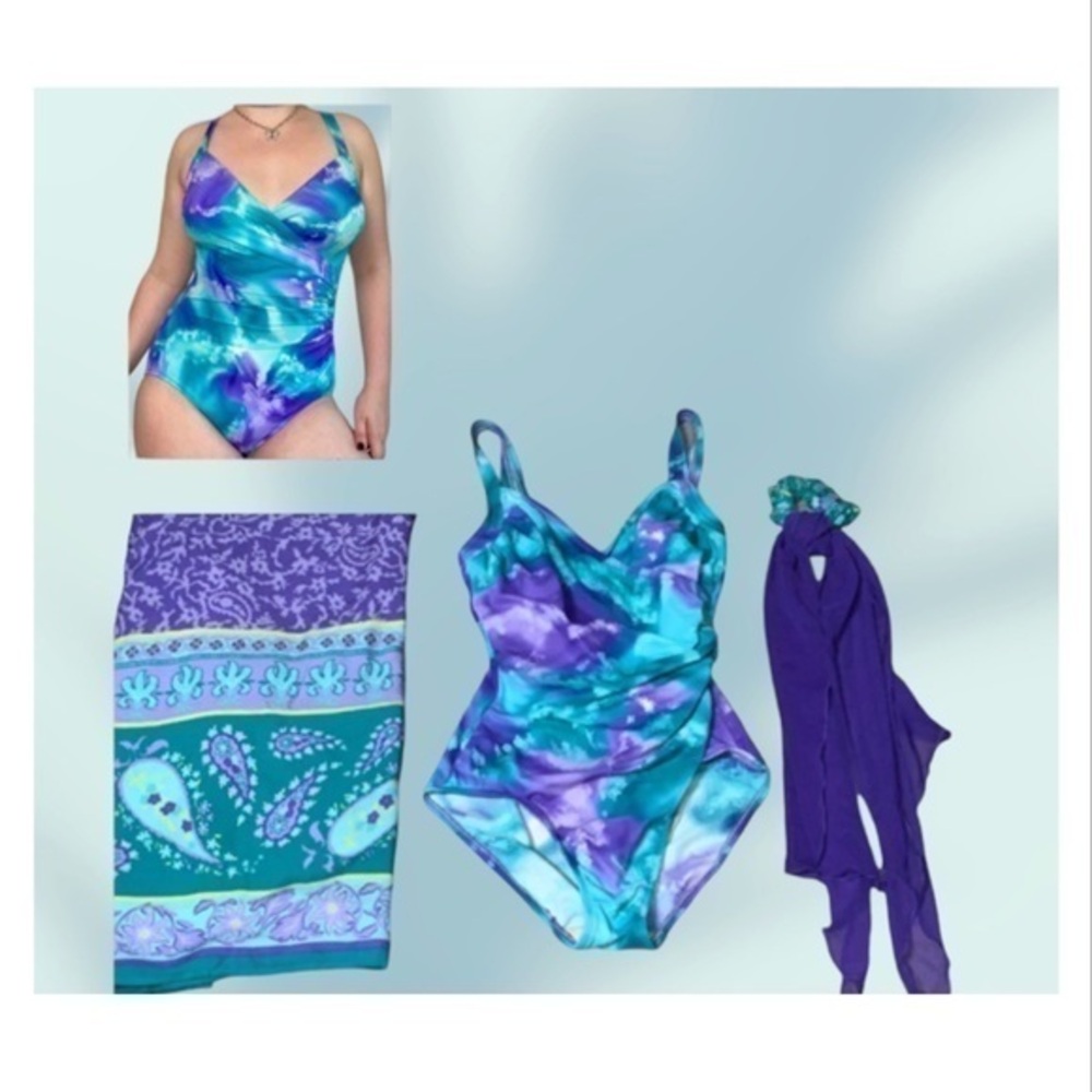 Diane Von Furstenberg Turquoise & Purple 1 Pc Swimsuit Sarong & Hair Scrunchie